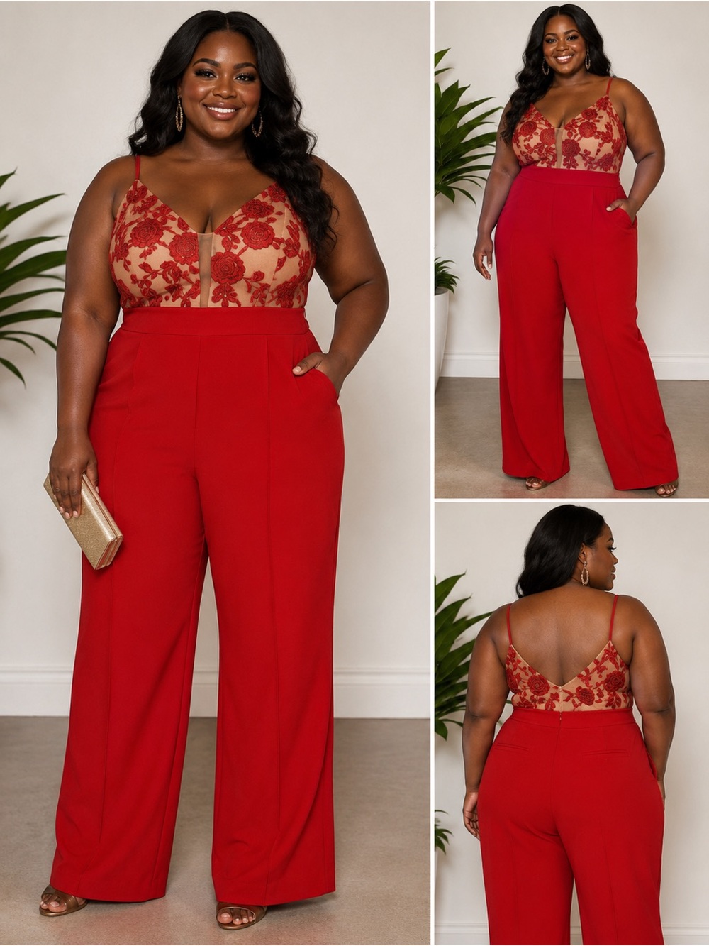 ABS Collection Red Embroidered Lace Wide Leg Jumpsuit 22W NWT